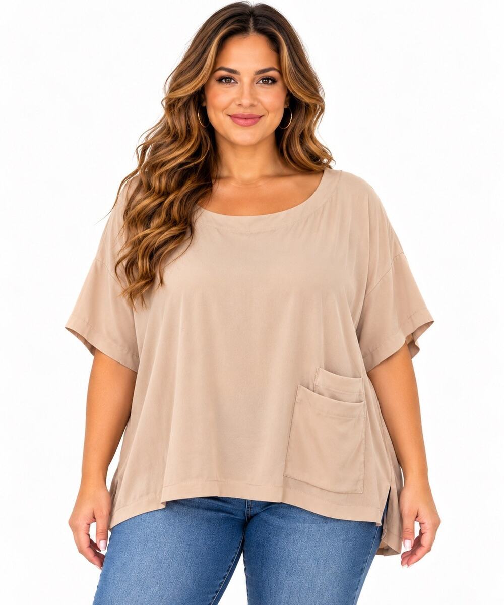 purejill Women’s Beige Modal/Rayon Scoop Neck Dolman Tunic Top w/Pocket M Casual